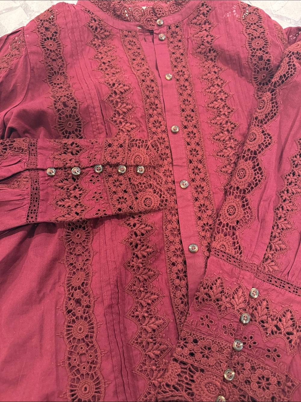 Sezane Rym Burgundy Lace-Trim Blouse - Picture 2 of 3